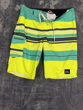 Quiksilver Striped Mens Board Shorts Swimwear Size 30 Green & Yellow NWT